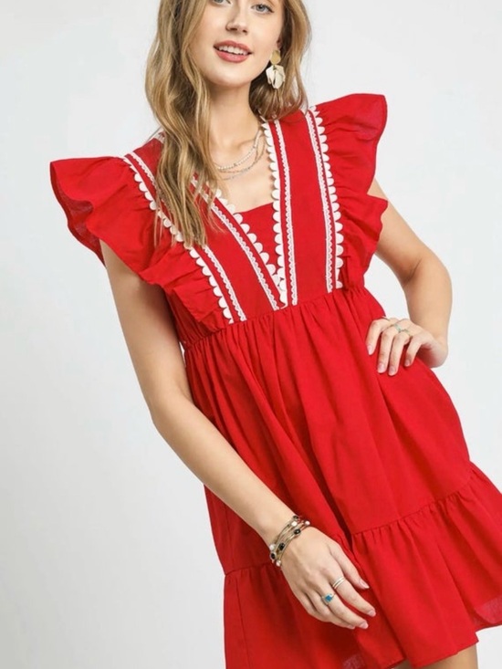 Umgee Dresses & Skirts - UMGEE Red Ruffled V-Neck Babydoll Dress with White Trim